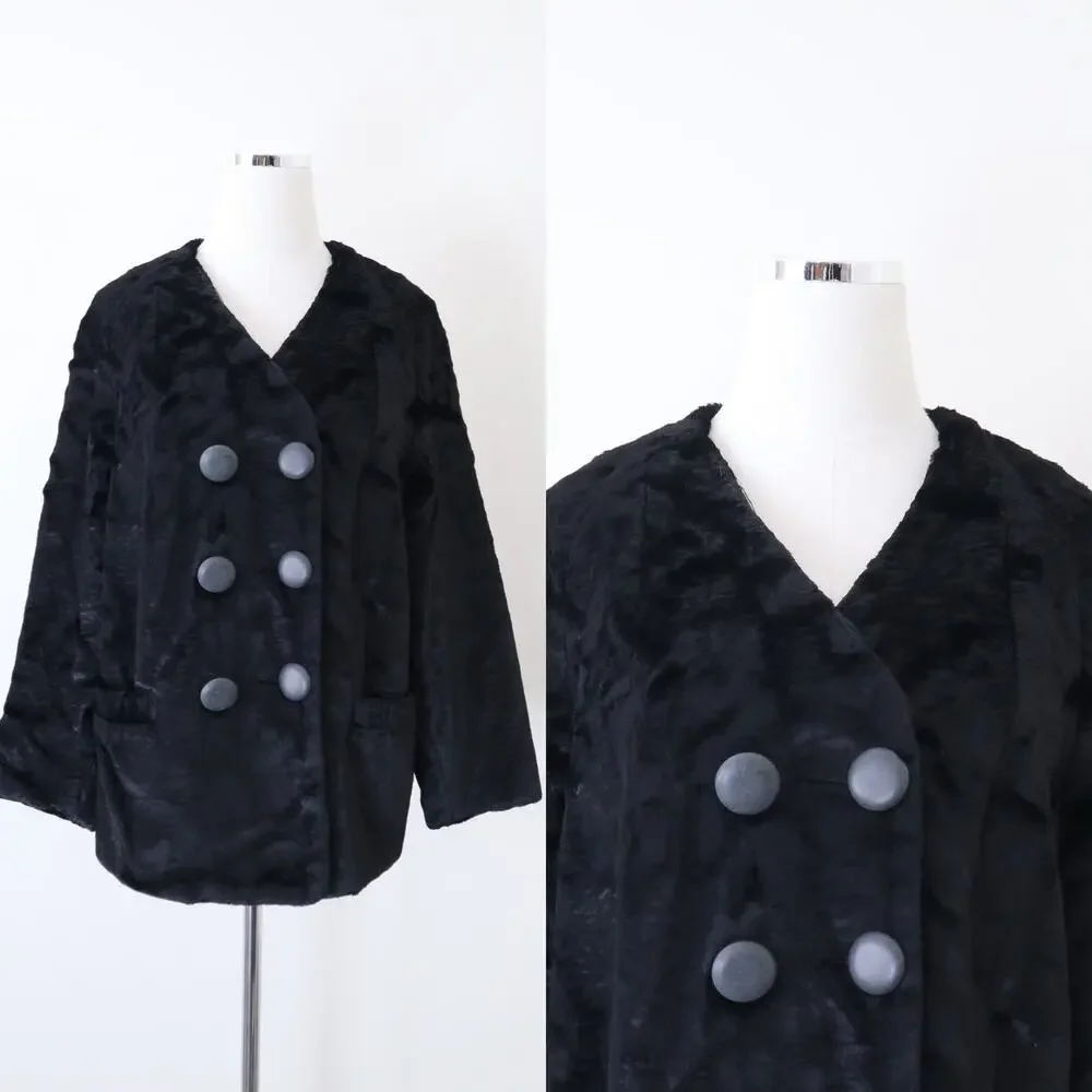 Vintage 1960s Styled By Winter Size L Faux Fur Teddy Coat Double Breasted Black